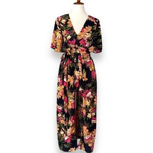 🍀Luxxel Multicolor Floral Open Skirt Tropical Romper Maxi Dress Size Small